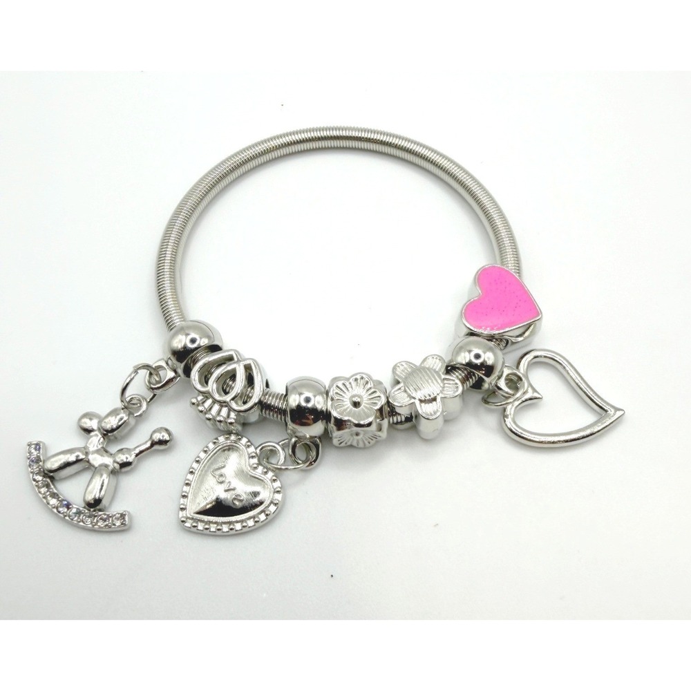 Girls Silver Tone Stretch Charm Bracelet Balloon Dog‎ Heart Rhinestone 6"